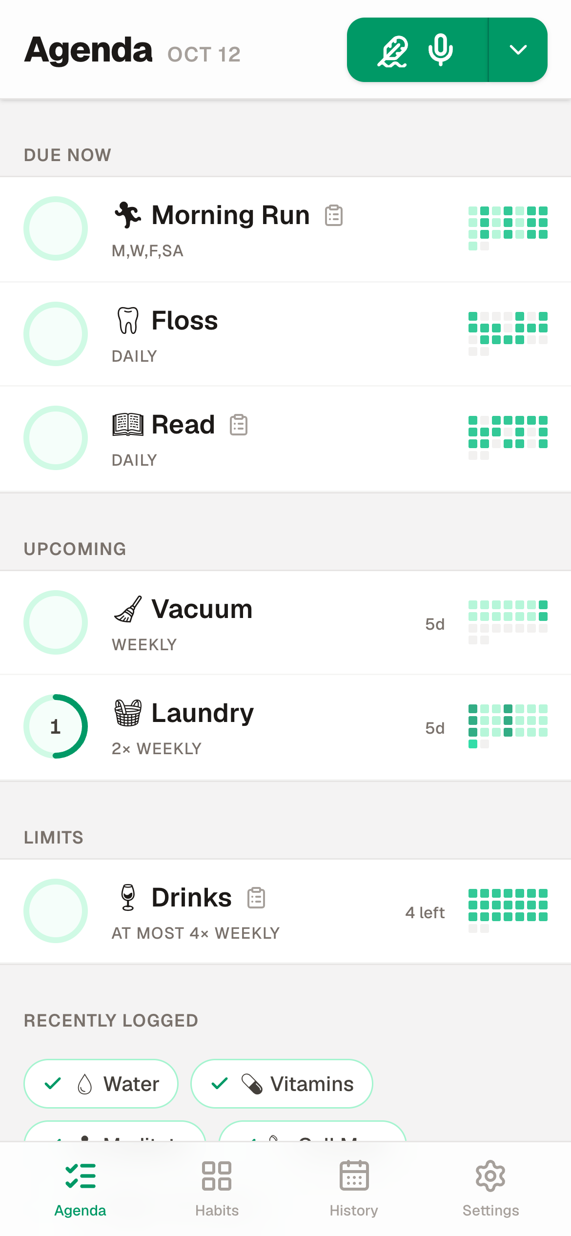 The app's Agenda on a phone: habits due now, upcoming and limits, each with a ring to log it